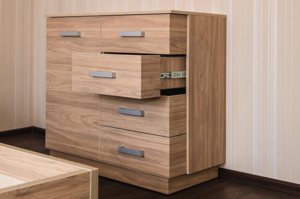 different modern wooden wardrobes on a white
