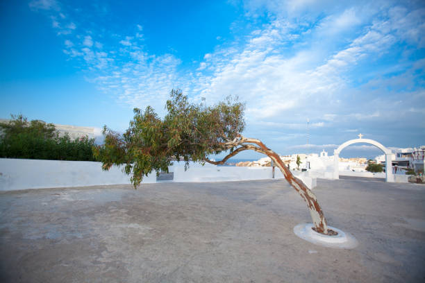 Beautiful old white ortodox church in sunny day with blue sky in Oia on Santorini island. Santorini is romantic place, one of the most visited Greek islands
