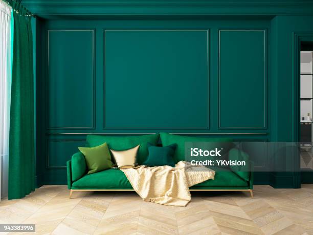 Classico Interno Verde Con Divano 3d Render Interior Mock Up - Fotografie stock e altre immagini di Colore verde