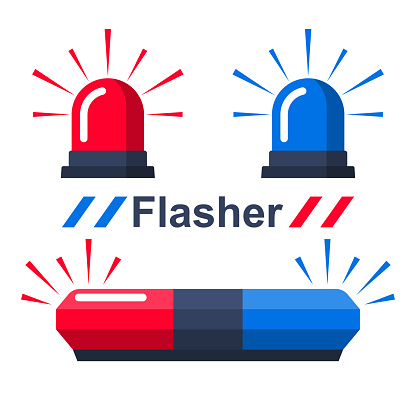 Red and blue flasher. Collection sirens. Set police flasher or ambulance or firefighters. Icon alarm emergency. Vector illustration flat design. Isolated on white background.