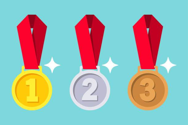 Gold, silver, bronze medal with red ribbon. Gold, silver, bronze medal with red ribbon. 1st, 2nd and 3rd places. First, second, third place. Award winner trophy . Golden badge for achievement. Vector flat design. Isolated on background. award bronze medal medal ribbon stock illustrations