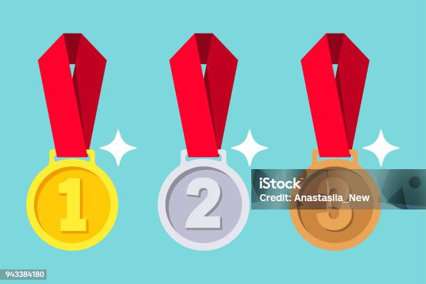 Gold Silver Bronze Medal With Red Ribbon Stock Illustration - Download Image Now - Medal, Medallion, First Place