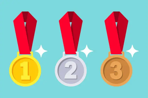 Vector illustration of Gold, silver, bronze medal with red ribbon.