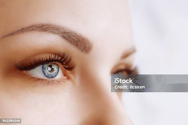 Eyelash Extension Procedure Woman Eye With Long Eyelashes Close Up Selective Focus Stock Photo - Download Image Now