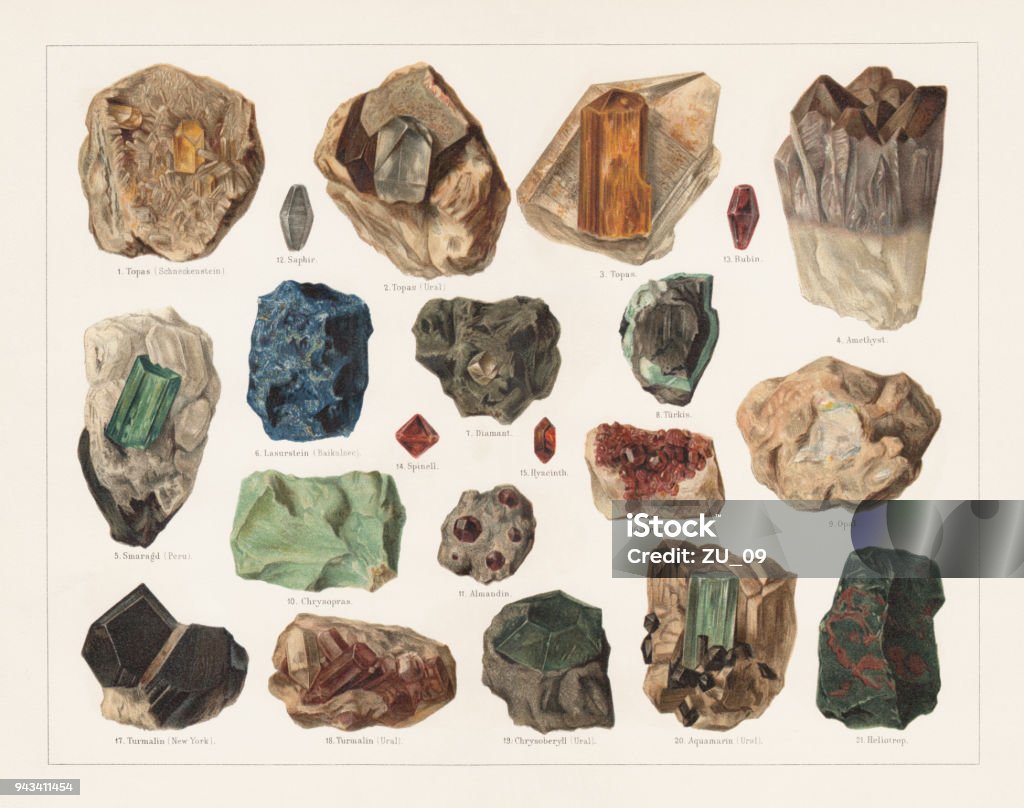 Raw gemstones, lithograph, published in 1897 Raw gemstones: 1 - 3) Topaz; 4) Amethyst; 5) Emerald; 6) Lapis lazuli; 7) Diamond; 8) Turquoise; 9) Opal; 10) Chrysoprase; 11) Almandine; 12) Sapphire; 13) Ruby; 14) Spinel; 15) Jacinth; 16) Garnet; 17 - 18) Tourmaline; 19) Chrysoberyl; 20) Aquamarine; 21) Heliotrope. Lithograph, published in 1897. Garnet stock illustration