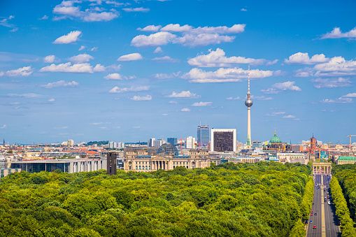 Panoramic shot skyline of Berlin over the Tiergarten park in summer