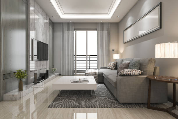 3d rendering luxury and modern living room with fabric sofa