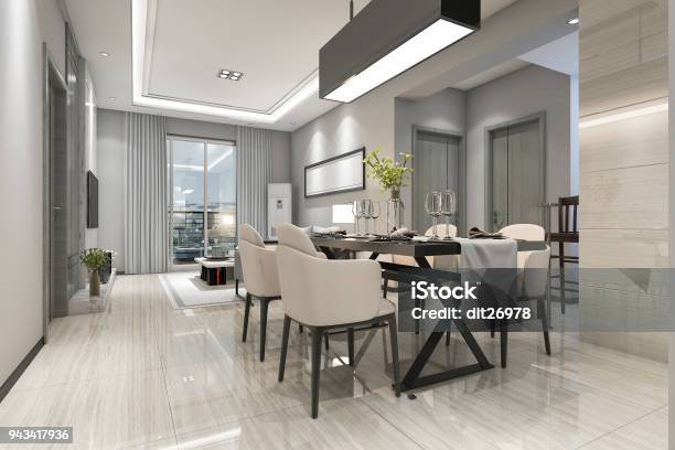 3d Rendering Modern Dining Room And Living Room With Luxury Decor Stock Photo - Download Image Now