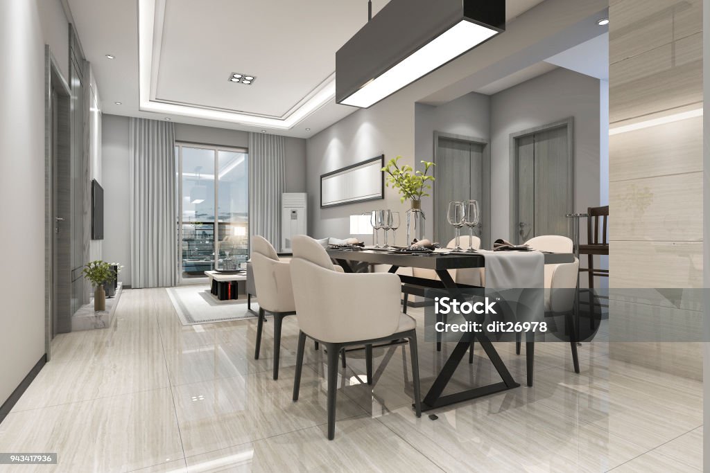 renderização 3D moderna sala de jantar e sala de estar com uma decoração de luxo - Foto de stock de Apartamento royalty-free