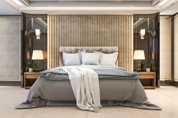 istock 3d rendering beautiful luxury bedroom suite in hotel with tv 943417980
