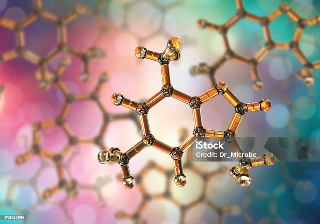 Molécula de cafeína, ilustração. Cafeína é encontrada no café, chá, energia, bebidas, é usado na medicina - Foto de stock de Química royalty-free