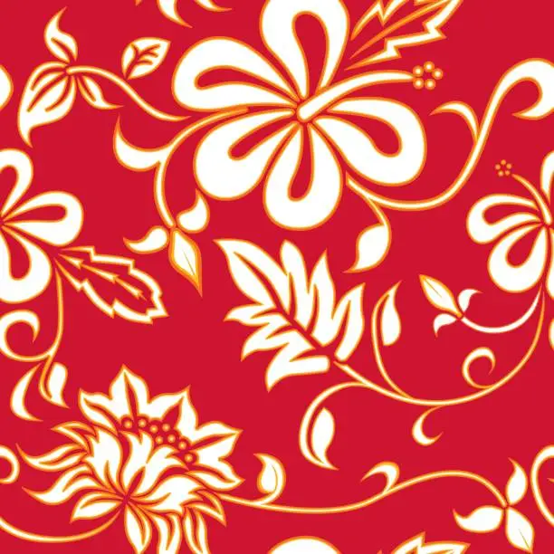 Vector illustration of Hawaiian wallpaper in white floral pattern over red