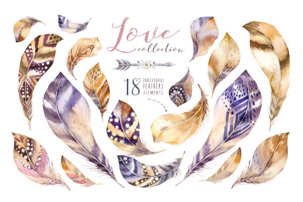 istock Watercolor hand drawn paintings vibrant feather set. Boho style feathers heart. Love illustration isolated on white. Valntines Bird fly design for T-shirt, invitation, wedding card. Bright colors. 943424998