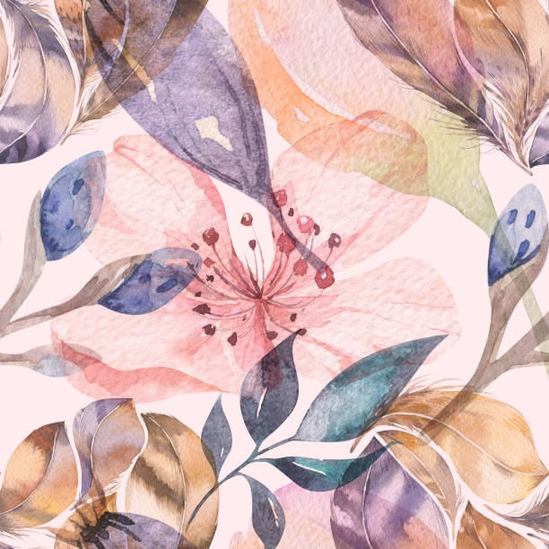 istock Boho seamless watercolor pattern of feathers and wild flowers, leaves, branches flowers, illustration, love and feathers, bohemian decoration spring blossom 943427662