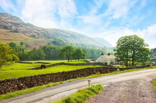 Scenic view of a valley with a  country road in the foreground at the sunny day in Lake District National Park, Cumbria, England, UK.