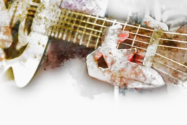 Photo of Abstract beautiful women playing Guitarist on Watercolor painting background and Digital illustration brush to art.