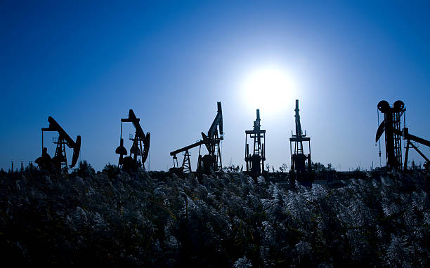 silhouette oil rig - oil pump oil industry prairie field foto e immagini stock