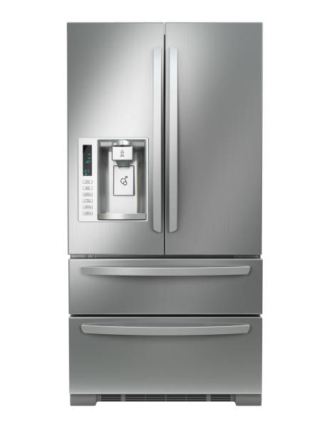 istock Fridge freezer. Side by side stainless steel refrigerator  with ice and water system isolated on white background. 943441286