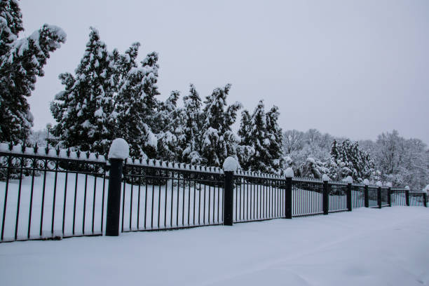 istock Fence blizzard in park white trees landscape 943449058