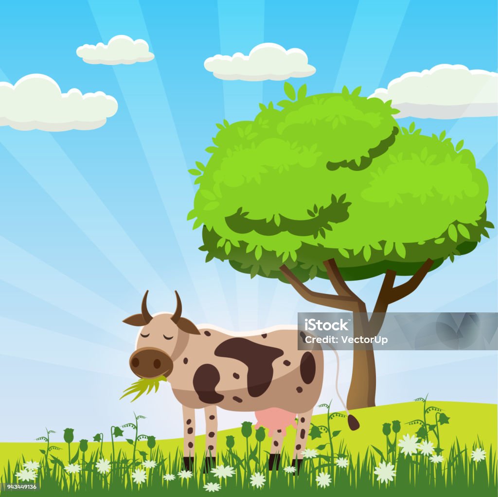 Ilustración de Una Vaca Pasta En Un Prado Comiendo Pasto En Un Paisaje  Estilo De Dibujos Animados Ilustración Vectorial y más Vectores Libres de  Derechos de Agricultura - iStock