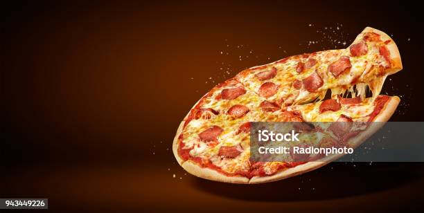 Concept Promotional Flyer And Poster For Restaurants Or Pizzerias Template With Delicious Taste Pepperoni Pizza Mozzarella Cheese And Copy Space For Your Text Stock Photo - Download Image Now