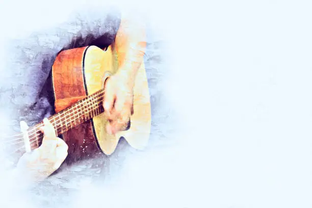 Photo of Abstract beautiful man playing Guitar in the foreground on Watercolor painting background and Digital illustration brush to art.