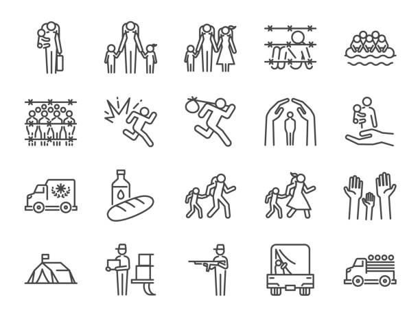 ilustraciones, imágenes clip art, dibujos animados e iconos de stock de conjunto de iconos de refugiados. incluye los iconos como persona desplazada, asilo, refugio, evacuar, persecución, escape, problema internacional y más - displaced persons camp illustrations