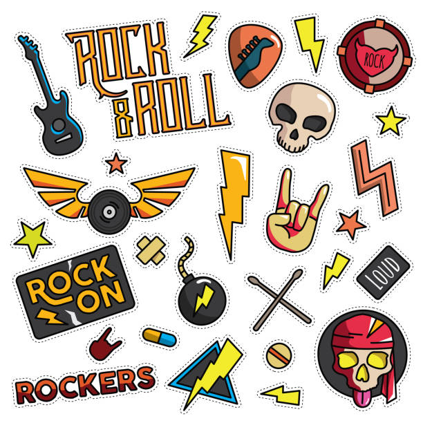 Vintage 80s-90s Rock And Roll Theme Fashion Cartoon Illustration Set Vintage 80s-90s Fashion Cartoon Illustration Set Suitable for Badges, Pins, Sticker, Patches, Fabric, Denim, Embroidery and Other Fashion Or Decoration Related Purpose rock musician stock illustrations