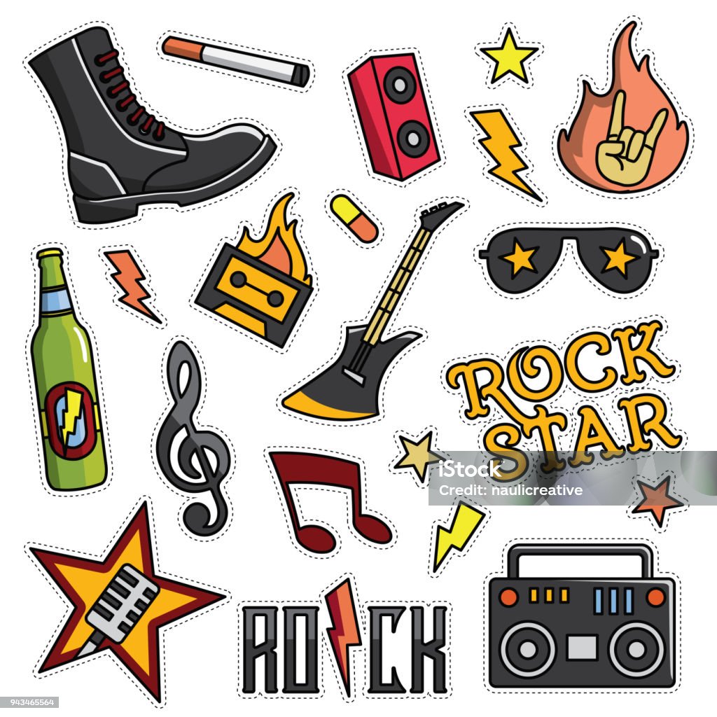 Vintage 80s90s Rock And Roll Theme Fashion Cartoon Illustration Set Stock  Illustration - Download Image Now - iStock
