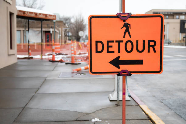 istock Detour construction sign on the sidewalk 943465680