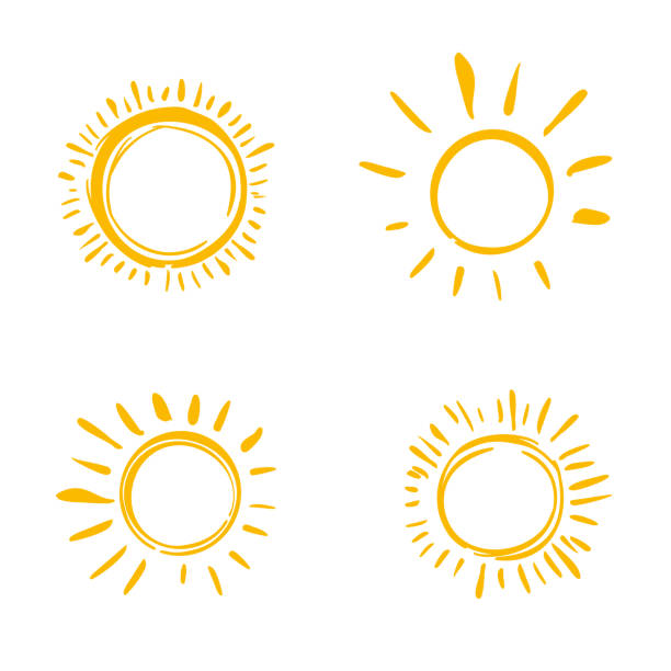 Set of symbols of the sun. Four painted suns. Vector solar symbols set. sun drawings stock illustrations