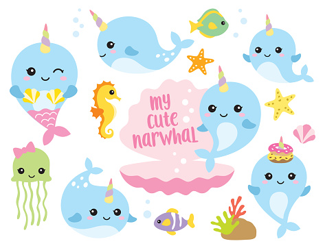 Vector illustration of cute baby narwhal or whale unicorn characters with fishes, seahorse, jellyfish, starfishes, and shells.