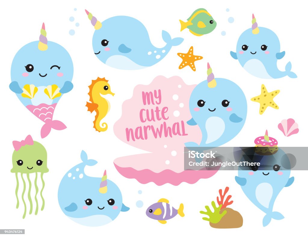 Cute Baby Narwhal or Whale Unicorn with Other Sea Animals Vector illustration of cute baby narwhal or whale unicorn characters with fishes, seahorse, jellyfish, starfishes, and shells. Narwhal stock vector