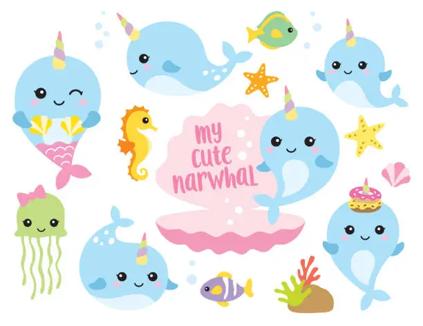 Vector illustration of Cute Baby Narwhal or Whale Unicorn with Other Sea Animals
