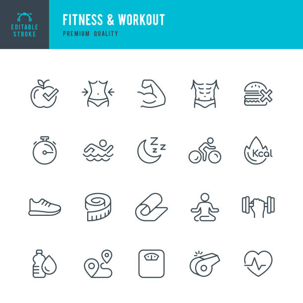 illustrazioni stock, clip art, cartoni animati e icone di tendenza di fitness & workout - set di icone vettoriali a linea sottile - alimentazione sana immagine