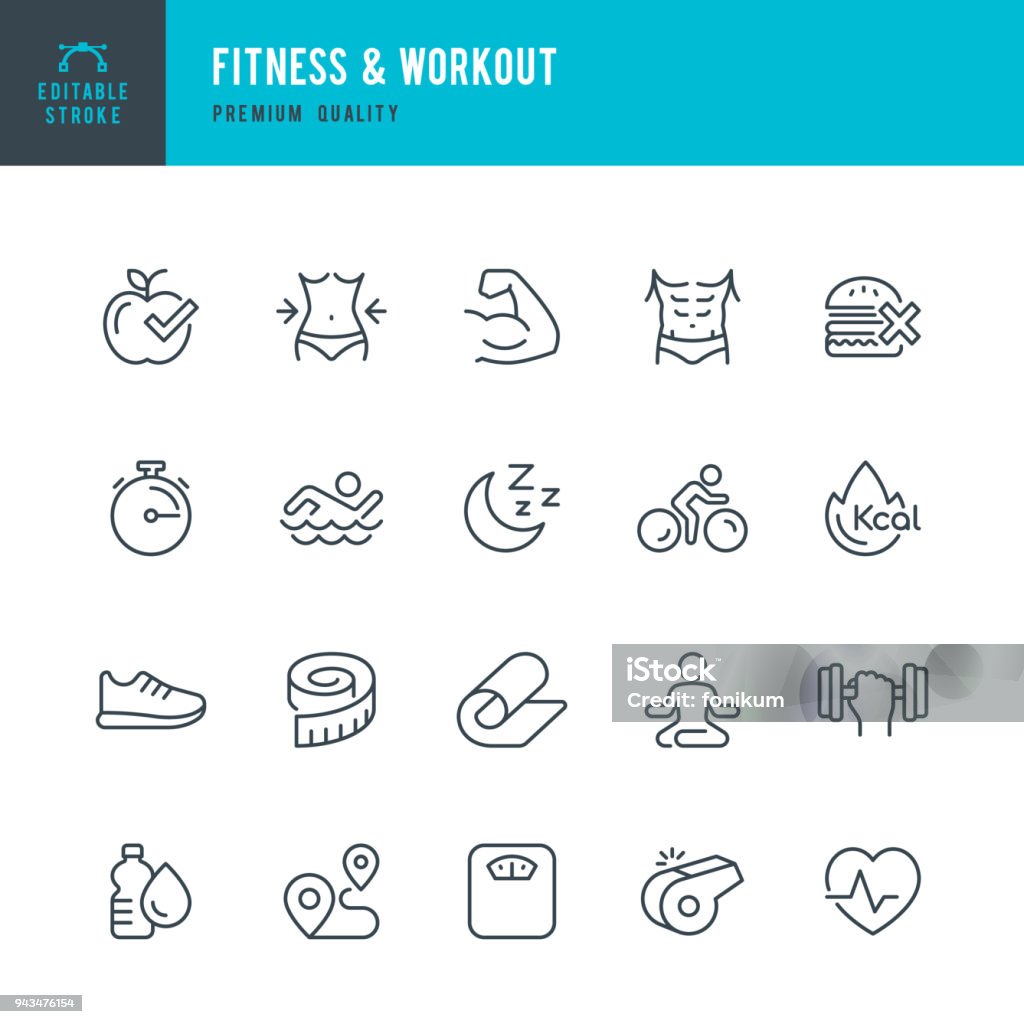 Fitness & Workout - zestaw ikon wektorowych cienkich linii - Grafika wektorowa royalty-free (Ikona)