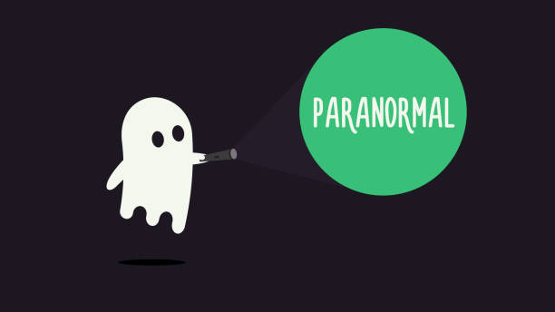 ilustrações de stock, clip art, desenhos animados e ícones de cute ghost character pointing with his flashlight to the word paranormal. vector illustration design - heckling