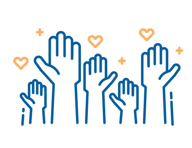 Volunteers and charity work. Raised helping hands. Vector thin line icon illustrations with a crowd of people ready and available to help and contribute. Positive foundation, business, service. vector eps10 pics for free and stock illustrations