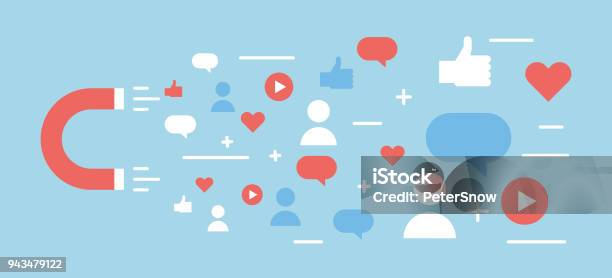 Online Digital Media Magnet And Influencer Vector Background Illustration Concept For Popularity Likes Comments Followers Stock Illustration - Download Image Now