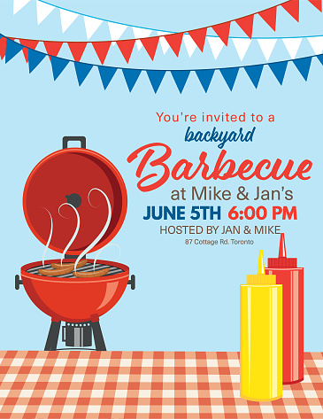 BBQ Party Invitation Template. There is room for text and various BBQ elements , foods and utensils.