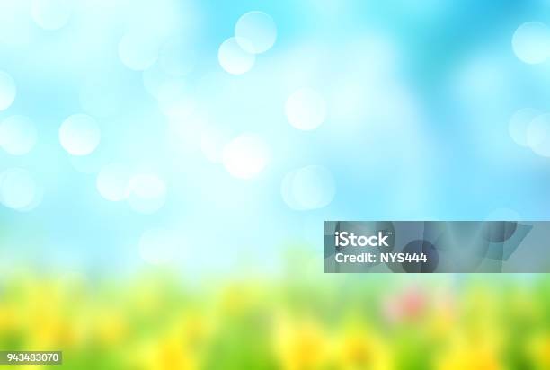 Green Grass Blue Sky Blurred Background Stock Photo - Download Image Now - Backgrounds, Springtime, Summer