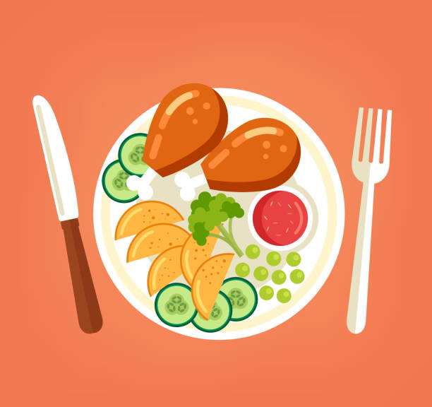 新鮮なおいしい焼き鶏のロースト七面鳥の足野菜ジャガイモ キュウリ ブロッコリーと赤のソースを皿にスライスします。料理肉料理料理トップ ビューの概念です。ベクトル グラフィック フラット デザイン漫画イラスト - 食事 イラスト点のイラスト素材／クリップアート素材／マンガ素材／アイコン素材