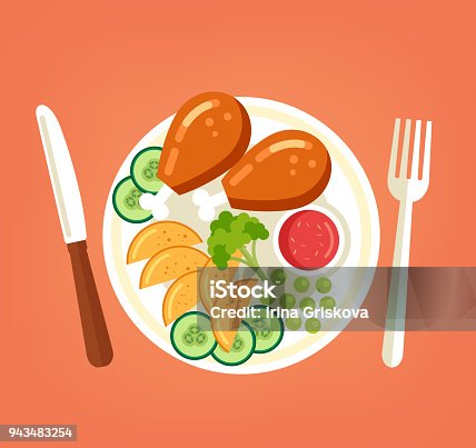 istock Fresh tasty grilled roasted chicken turkey legs with vegetables sliced potato cucumber broccoli and red sauce on plate. Cooking meat dish culinary top view concept. Vector flat graphic design cartoon illustration 943483254
