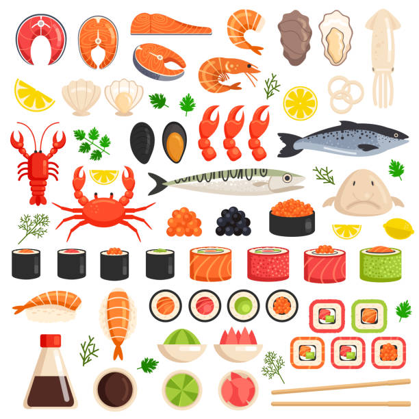Fresh cooked sea fish lobster crab drop fish squid mollusks mussels slices tuna salmon sushi roll oyster food ocean marine flat isolated icon set collection. Market meal ingredient culinary concept. Vector flat graphic design sign Fresh cooked sea fish lobster crab squid mollusks mussels slices tuna salmon sushi oyster food ocean marine flat isolated icon set collection. Market meal ingredient culinary concept salmon animal illustrations stock illustrations