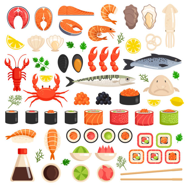 Fresh cooked sea fish lobster crab drop fish squid mollusks mussels slices tuna salmon sushi roll oyster food ocean marine flat isolated icon set collection. Market meal ingredient culinary concept. Vector flat graphic design sign Fresh cooked sea fish lobster crab squid mollusks mussels slices tuna salmon sushi oyster food ocean marine flat isolated icon set collection. Market meal ingredient culinary concept prawn animal stock illustrations