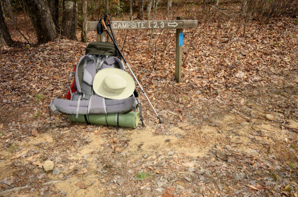istock Campsite 1 2 3 arrow sign with backpack 943492024