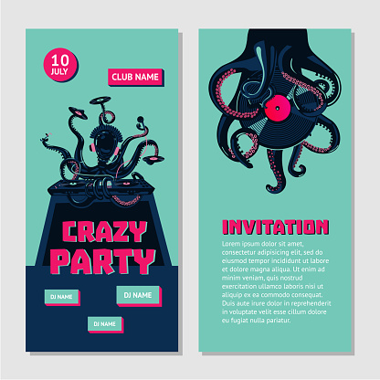 Octopus dj with turntable. Dance party invitation for nightclub with vinyl record. Hip-hop music battle.