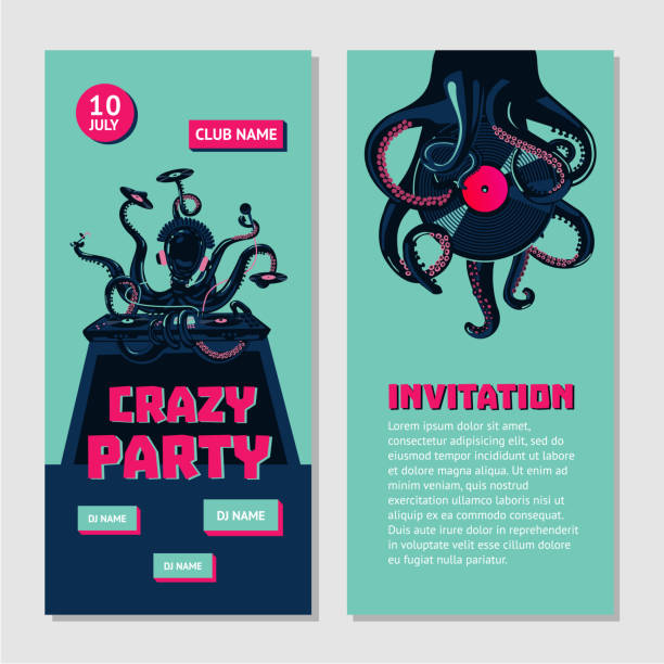 Hip-hop party bilateral invitation for nightclub with octopus dj. Underground music event Octopus dj with turntable. Dance party invitation for nightclub with vinyl record. Hip-hop music battle. clubs playing card illustrations stock illustrations