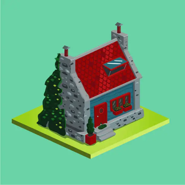 Vector illustration of Isometric vector village house. Vintage stone rustic home with red tile. Cartoon illustration.