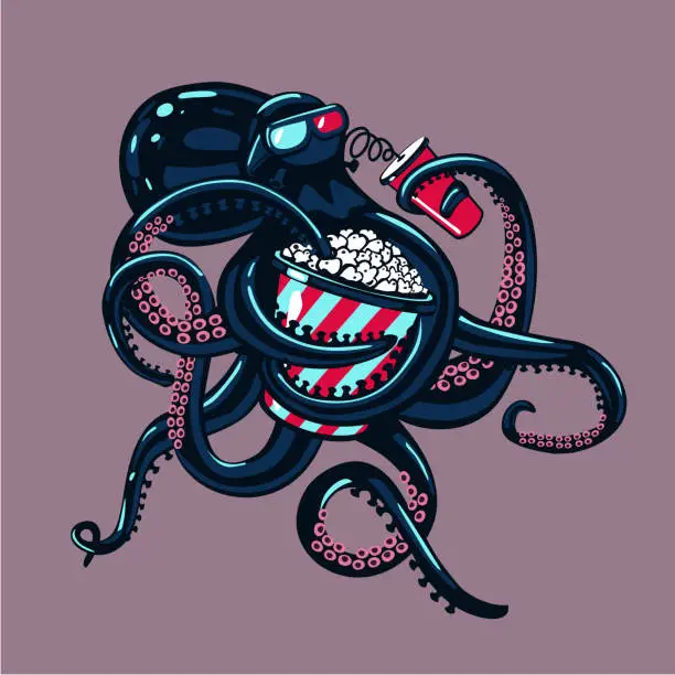 Vector illustration of Cartoon octopus is watching movies on 3d glasses and eating popcorn. Humorous illustration.